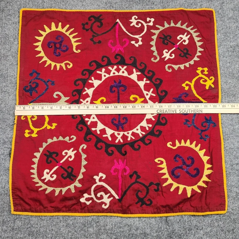 Uzbek Suzani Hand Embroidered Textile Red Square Wall Hanging Folk Art 22x22